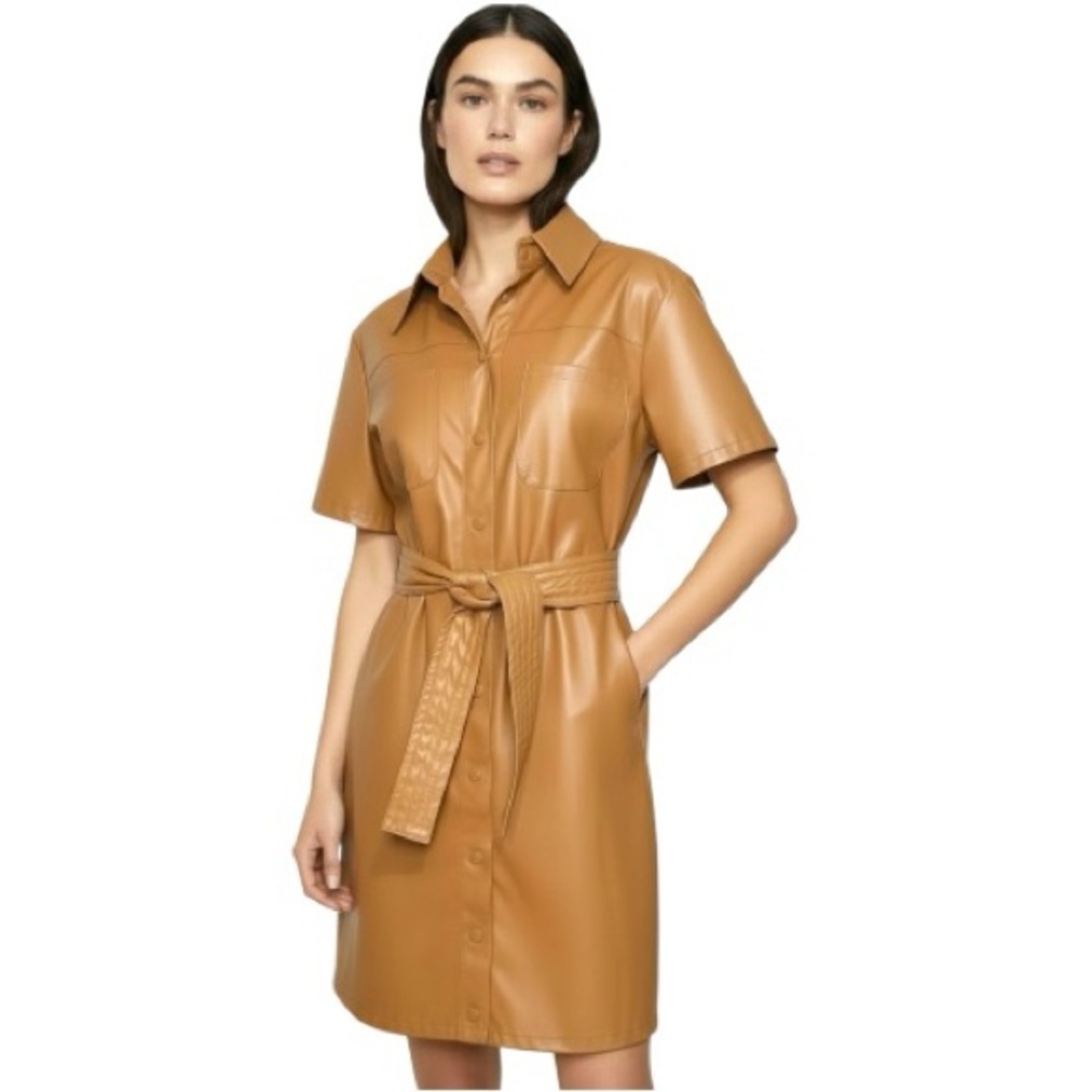 Emproved Caramel Brown Faux Leather Shirt Dress Sz L Button Front Belted Pocket